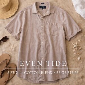 Even Tide Button Down Shirt XL Neutral Stripe Cotton Blend Short Sleeve Casual